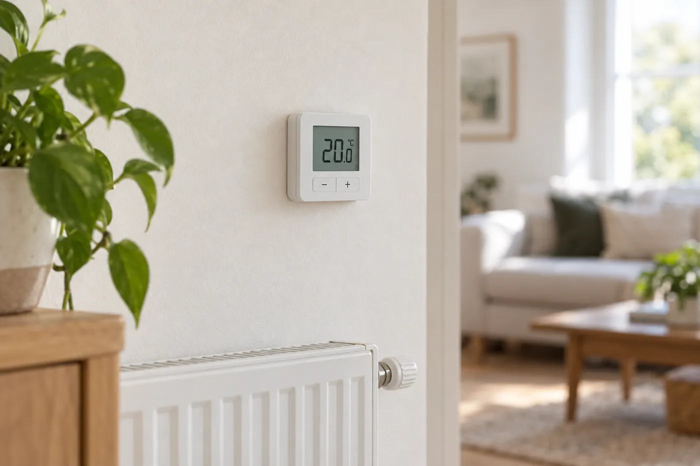 Thermostat d’ambiance réglé à 20 degrés dans un séjour